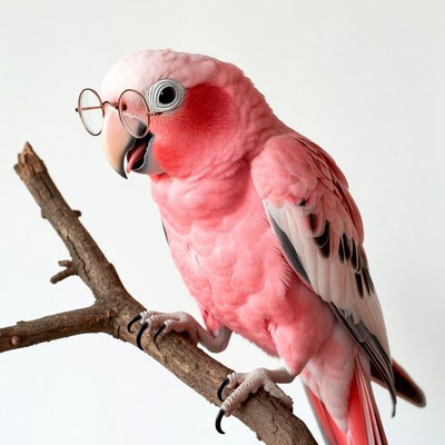 Pink Parrot Wearing Glasses on Branch