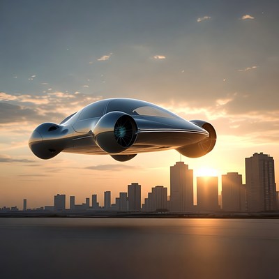 Futuristic Flying Car Sunset Cityscape