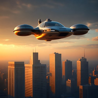 Futuristic Flying Car Over City Skyline