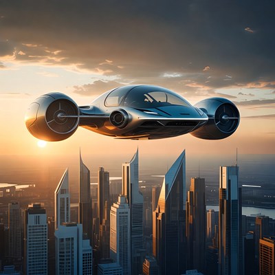 Futuristic Flying Car Over City Skyline
