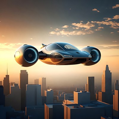 Futuristic Flying Car Over City