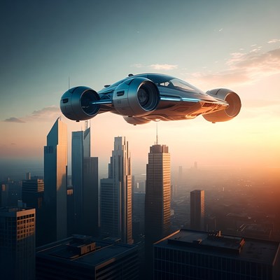 Futuristic Flying Car Over City