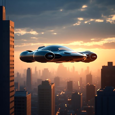 Futuristic Flying Car Over City Skyline