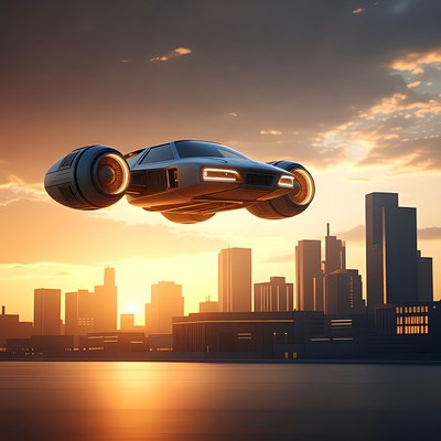 Futuristic Flying Car Over City Sunset