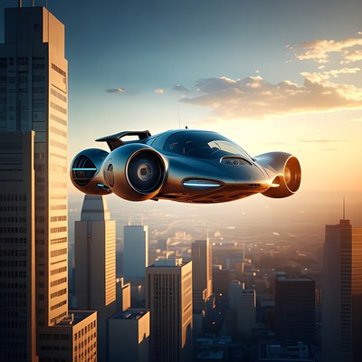 Futuristic Flying Car Over City
