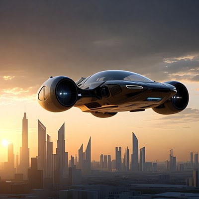 Futuristic Flying Car Over City Skyline