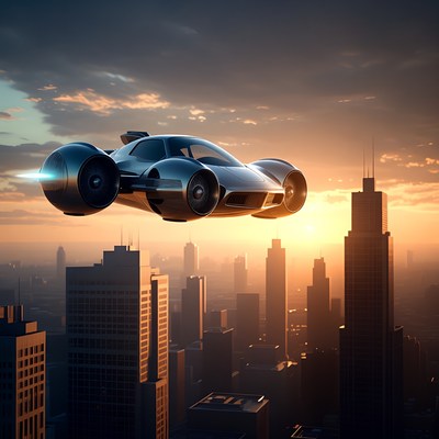 Futuristic Flying Car Over City Sunset