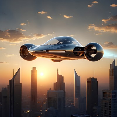 Futuristic Flying Car over City Sunset