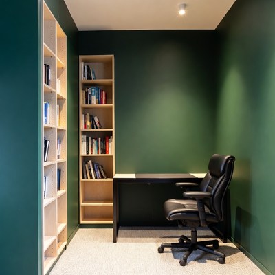 Green Home Office with Bookshelves