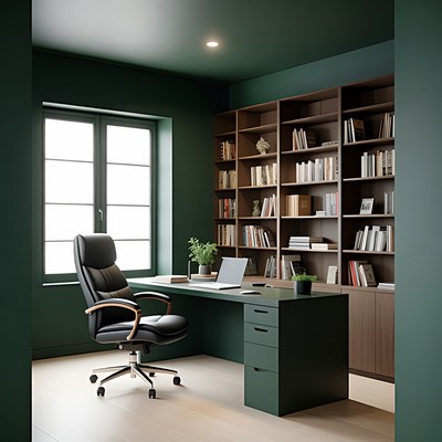 Green Home Office with Bookshelves
