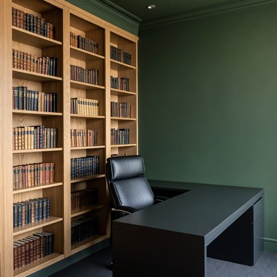 Oak Bookshelves with Black Desk