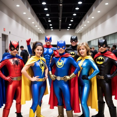 Superhero Cosplayers Group in Hallway