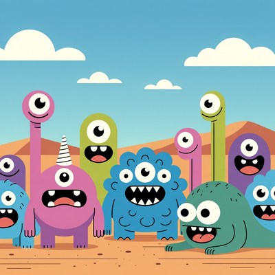 Colorful Cartoon Monsters in Desert