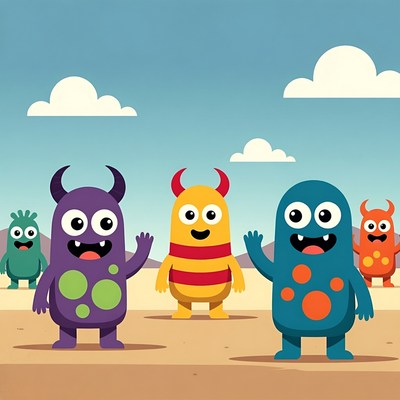 Colorful cartoon monsters waving