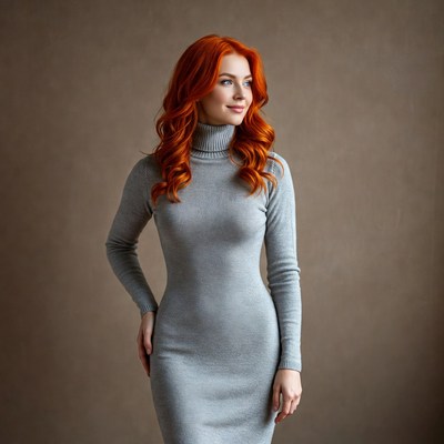 Redhead woman in gray turtleneck dress