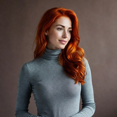 Redhead woman in gray turtleneck