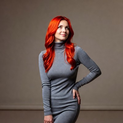 Woman with long red hair in gray dress