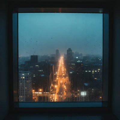 Rainy City Street View from Window