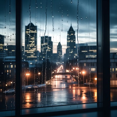 Rainy City Skyline Through Window