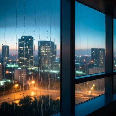 Rainy City Skyline Through Window