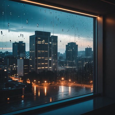 Rainy City Skyline Through Window