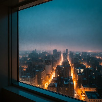 Rainy City Skyline Through Window