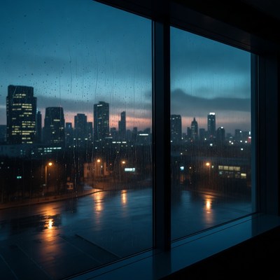 Rainy City Skyline Through Window
