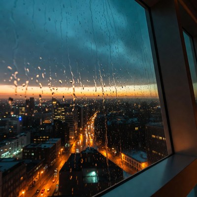 Rainy City Skyline from Window