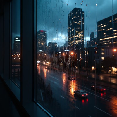 Rainy City Skyline Through Window