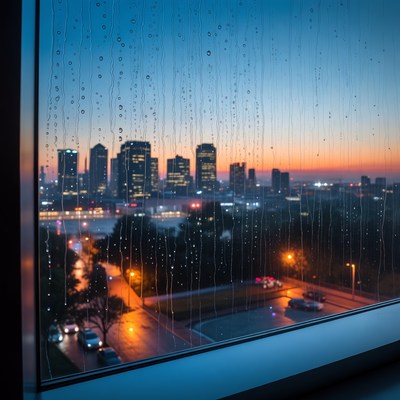 Rainy City Skyline Through Window