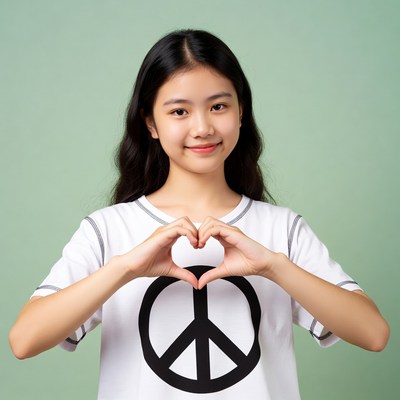 Asian girl making heart with peace shirt