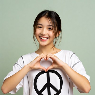 Asian girl making heart with peace shirt