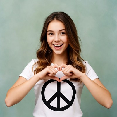 Girl making heart with peace shirt