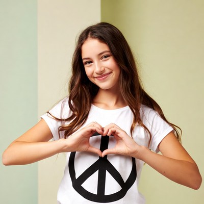 Girl making heart hands peace shirt