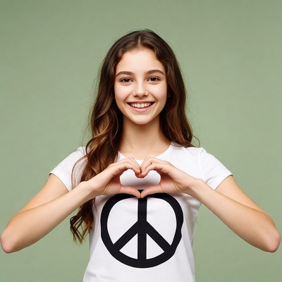 Girl making heart with peace sign shirt