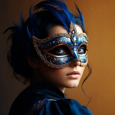 Woman wearing blue feathered mask