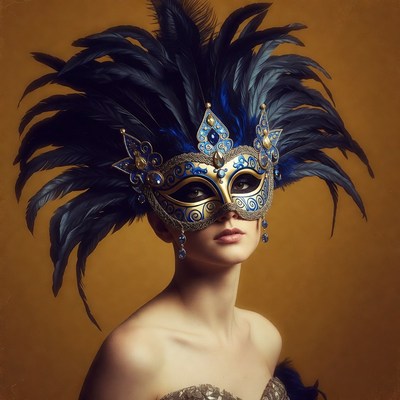 Woman wearing ornate blue feather mask