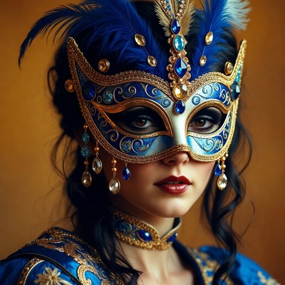 Woman in Blue Venetian Masquerade Mask