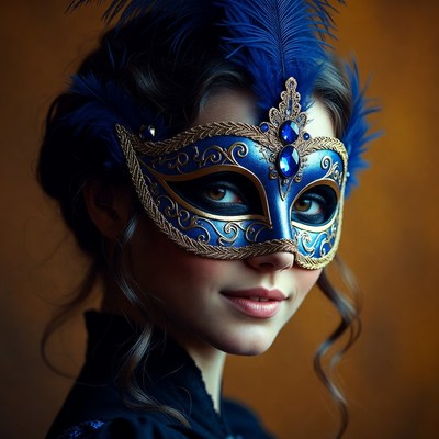Woman wearing blue feathered mask