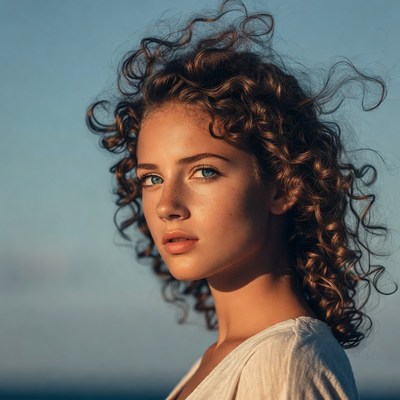 Woman with curly hair in sunlight