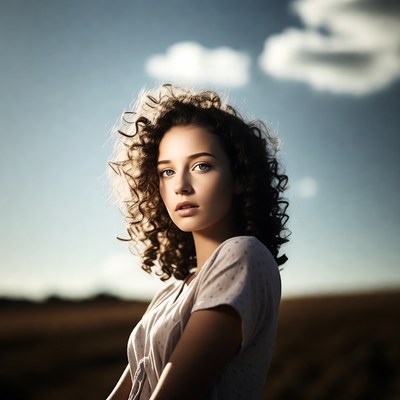 Woman with curly hair in field