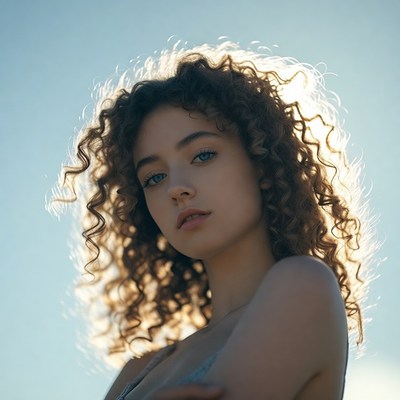Woman with curly hair against blue sky