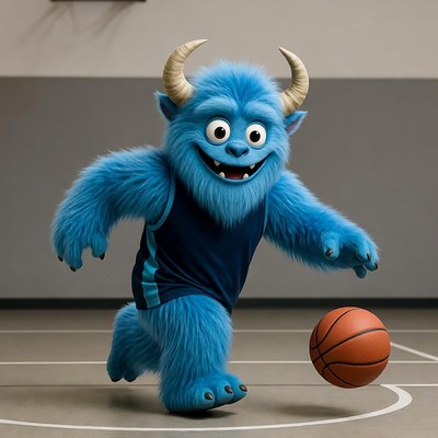 Blue furry monster dribbling basketball