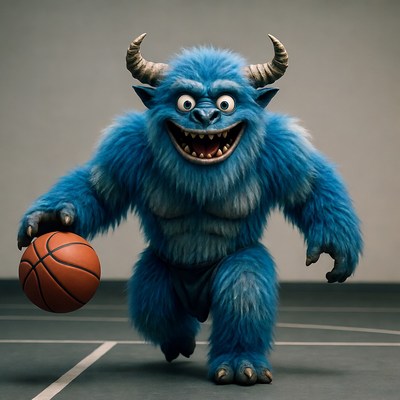 Blue furry monster holding basketball