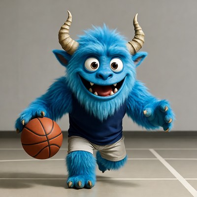 Blue furry monster dribbling basketball