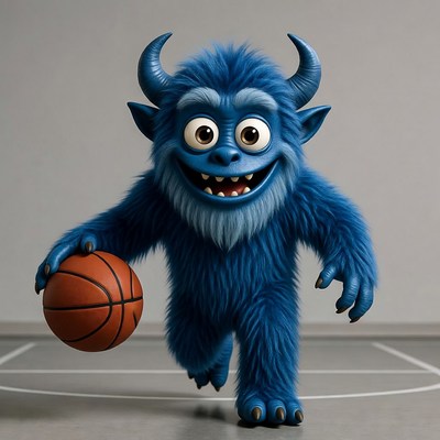 Blue furry monster holding basketball