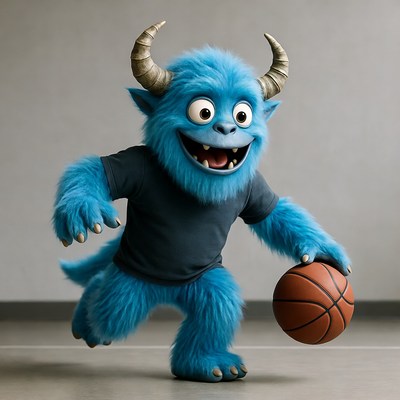 Blue furry monster dribbling basketball