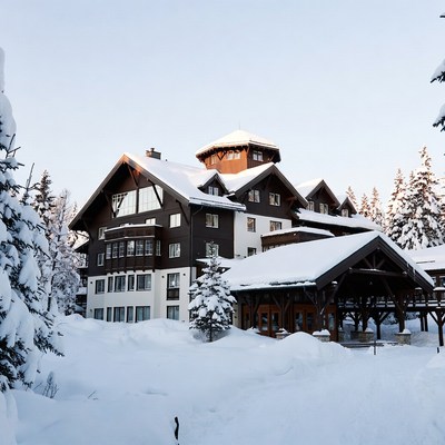 Snowy Chalet Hotel in Winter Forest
