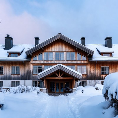 Snowy Wooden Chalet in Winter
