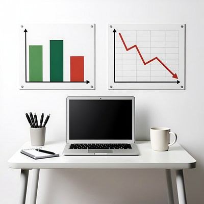 Office desk with charts and laptop